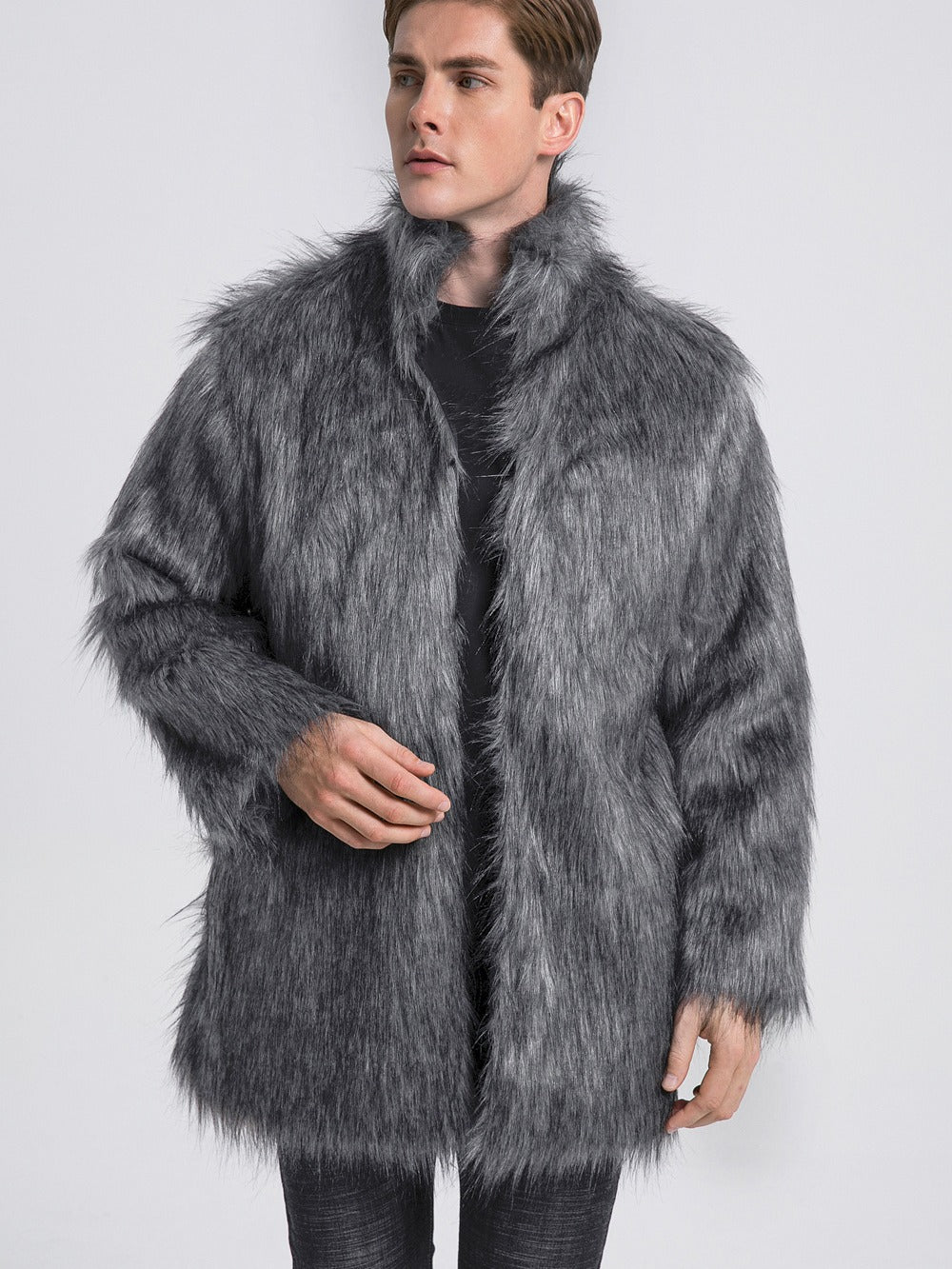 Herren Eleganter Kunstfell-Mantel mit weitem Kragen Drune