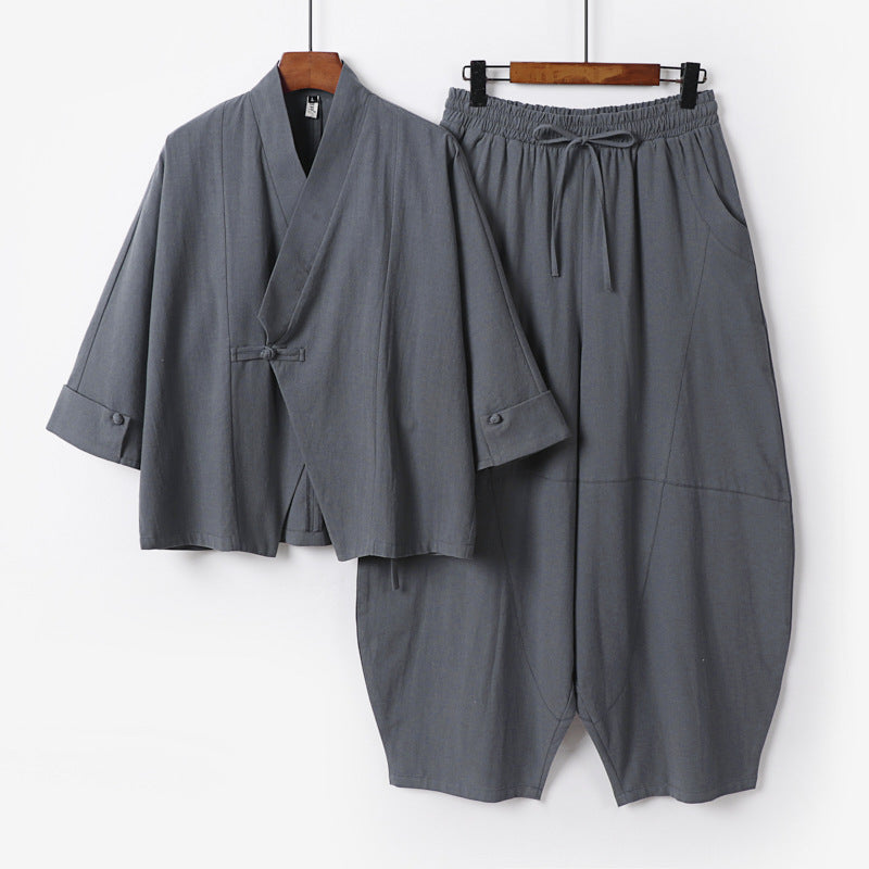 Herren Minimalistisches Kimono-Lounge-Set aus atmungsaktivem Baumwollmix mit ballonförmiger Bundhose Drune