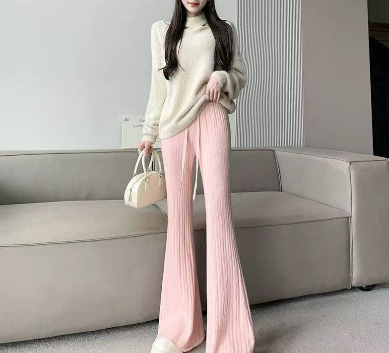 Damen lässige Strickpullover mit hochschließendem Kragen und weit geschnittenen Hosen Drune