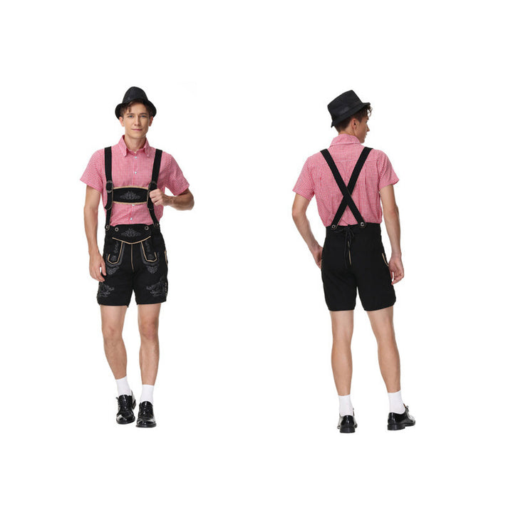 Herren nan moderne kurze Trachtenlederhose mit Kreuzträgern, dekorativer Stickerei und funktionalen Taschen Drune