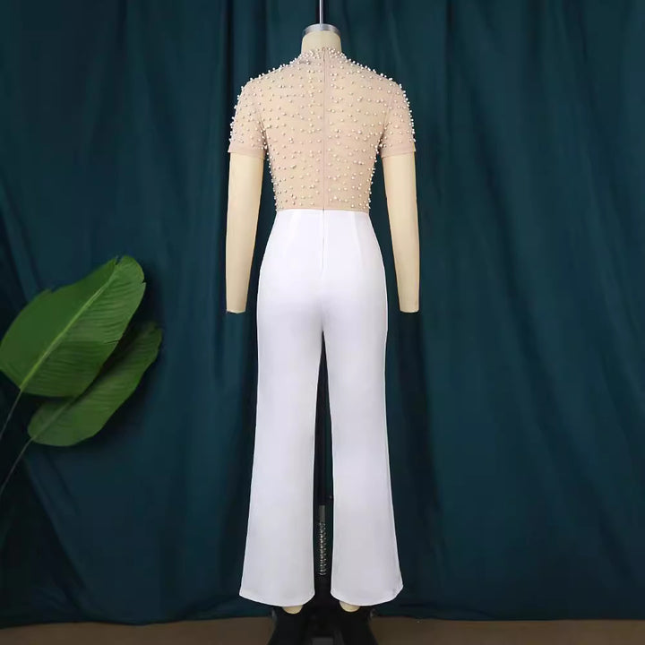 Damen eleganter Jumpsuit mit schimmerndem Perlen-Besatz Drune