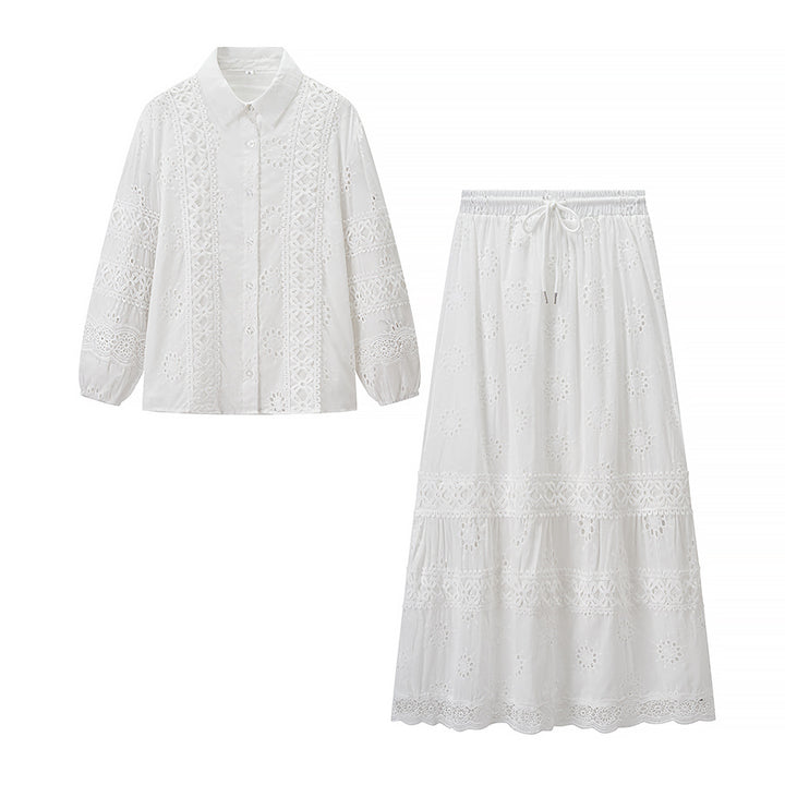 Damen Set aus blumengestickter Bluse und Maxiröcken Drune