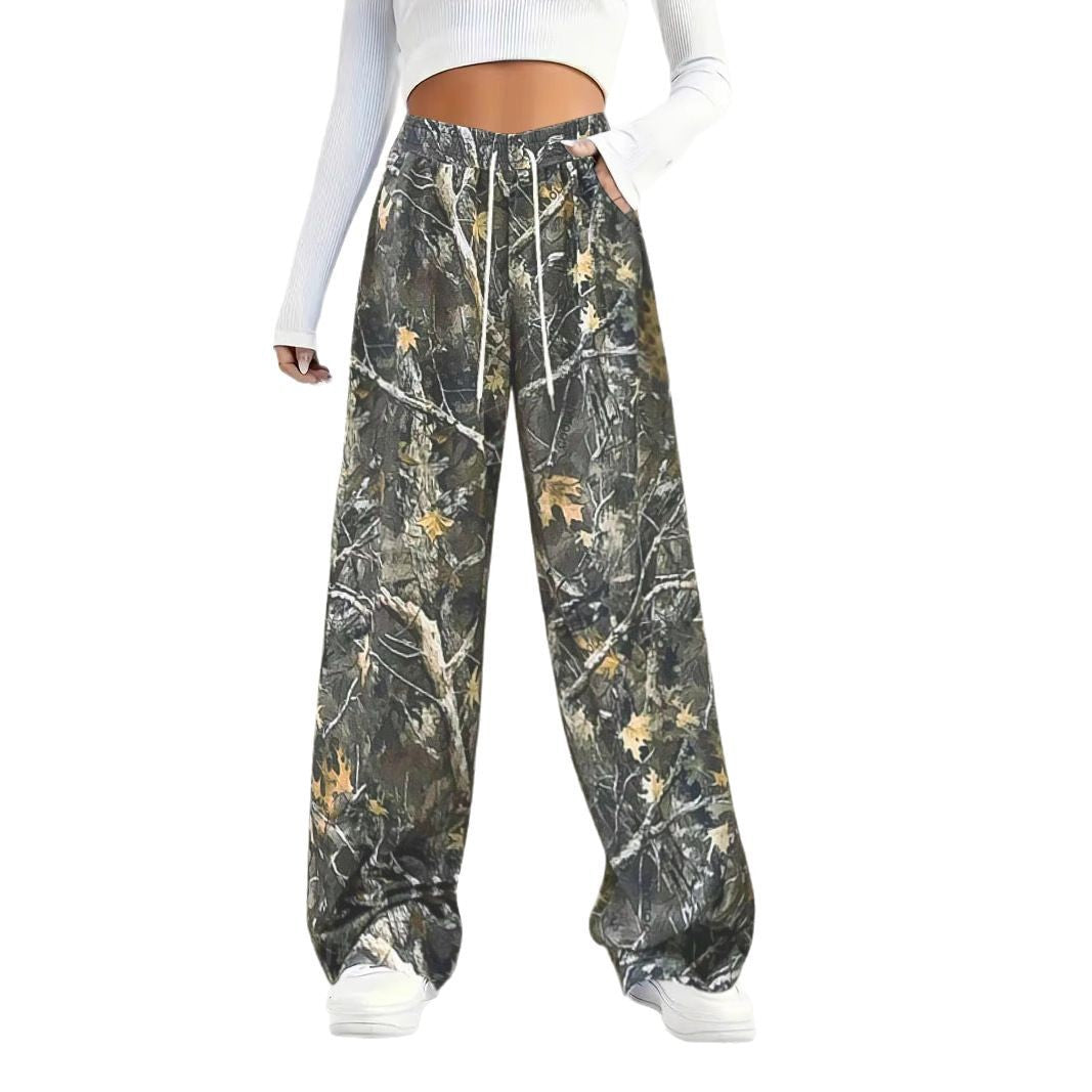 Damen Weite Palazzo-Loungehose im Camouflage-Blattmuster mit Elastikbund, Tunnelzug und Eingrifftaschen Drune