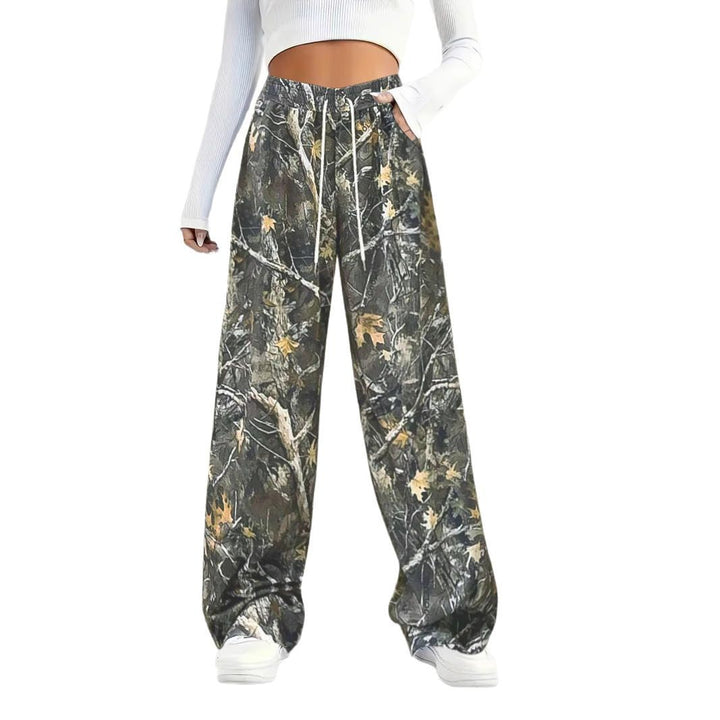 Damen Weite Palazzo-Loungehose im Camouflage-Blattmuster mit Elastikbund, Tunnelzug und Eingrifftaschen Drune
