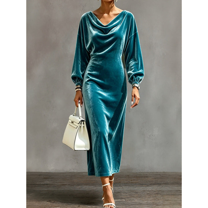 Damen Midikleid aus Samt mit drapiertem Wasserfallkragen und Ballonärmeln Drune