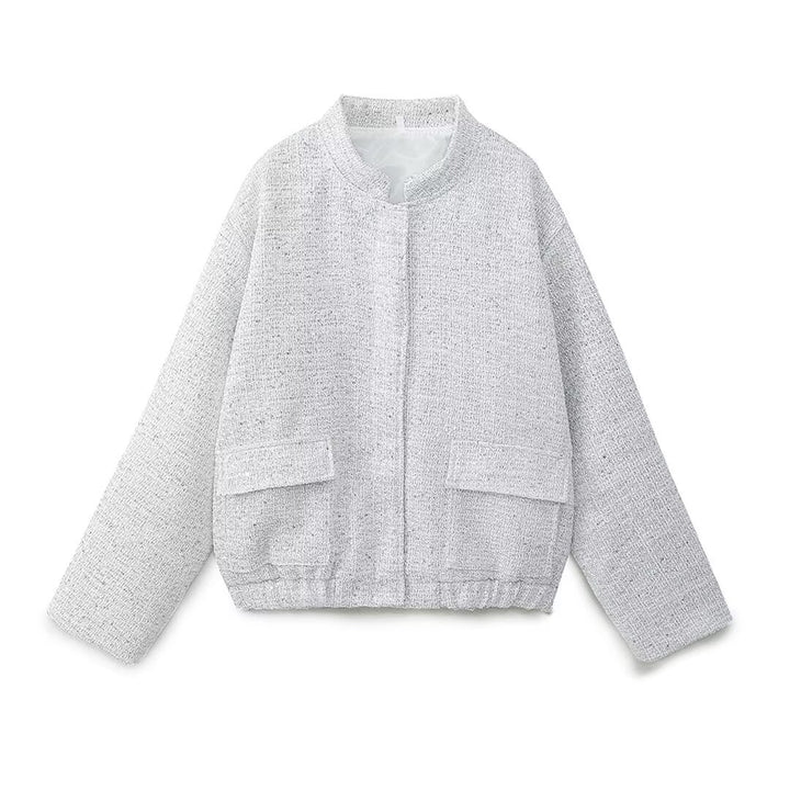 Damen nan kastige Tweedjacke mit kurzem Stehkragen, verdeckter Front und aufgesetzten Pattentaschen Drune
