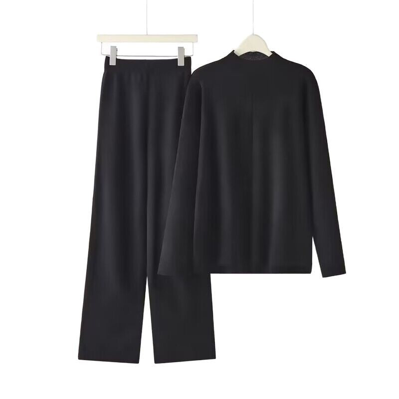 Damen elegantes Set aus langärmligem Oberteil und Palazzo-Hosen Drune