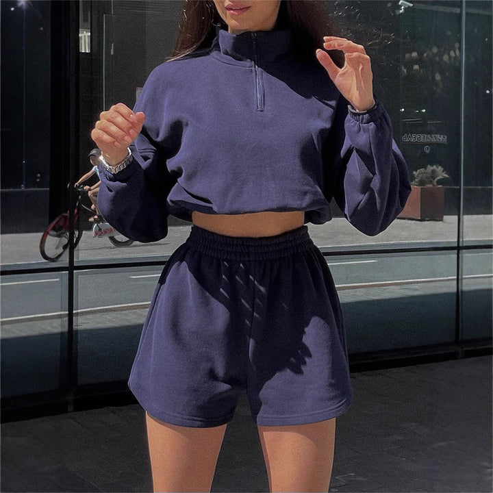 Damen sportliches Cropped Top und Shorts-Set mit Reißverschluss und elastischem Bund