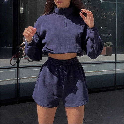Damen sportliches Cropped Top und Shorts-Set mit Reißverschluss und elastischem Bund