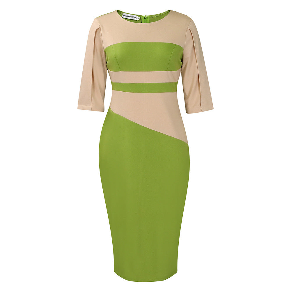 Damen figurbetontes Midi-Kleid mit asymmetrischen Farbschnitten und eleganten ¾-Ärmeln Drune
