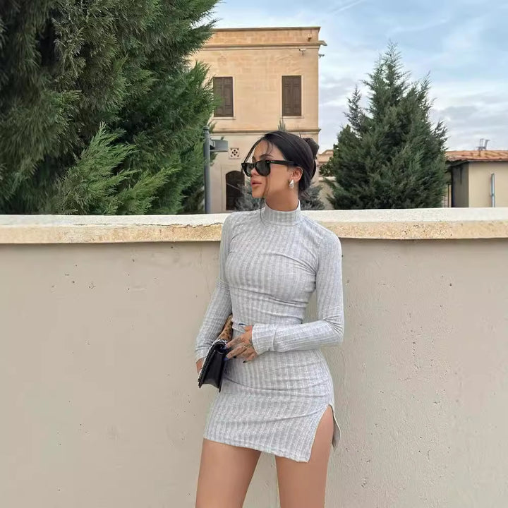 Damen Enganliegendes Rippstrick-Minikleid mit Rollkragen und langen Ärmeln Drune