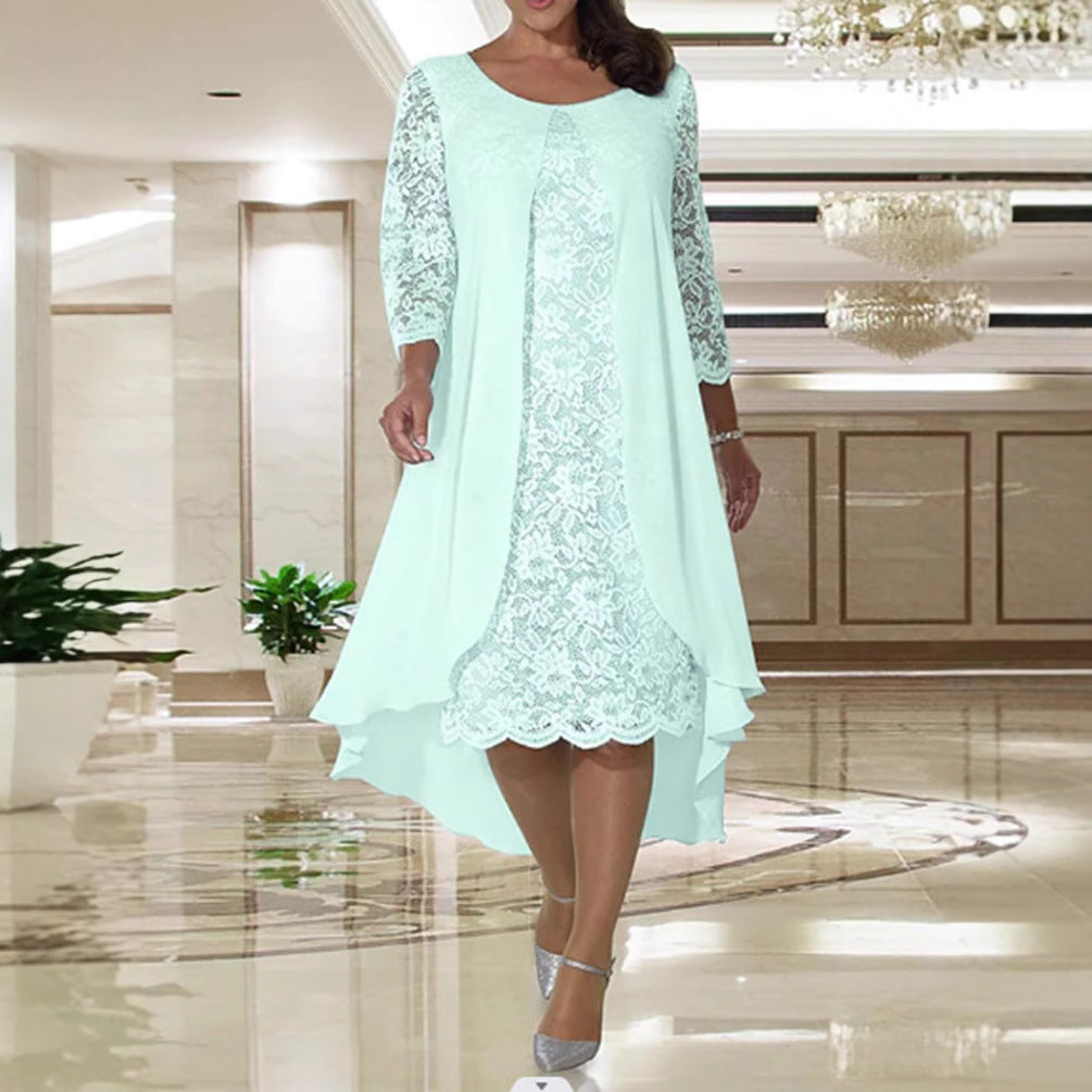 Damen nan elegantes Chiffon-Spitzenkleid mit Vokuhila-Überwurf und dreiviertelärmeln Drune