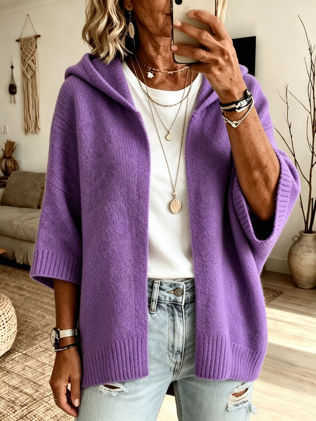 Damen Kapuzen-Longcardigan aus grobem Strick mit 3/4-Ärmeln und offener Front Drune