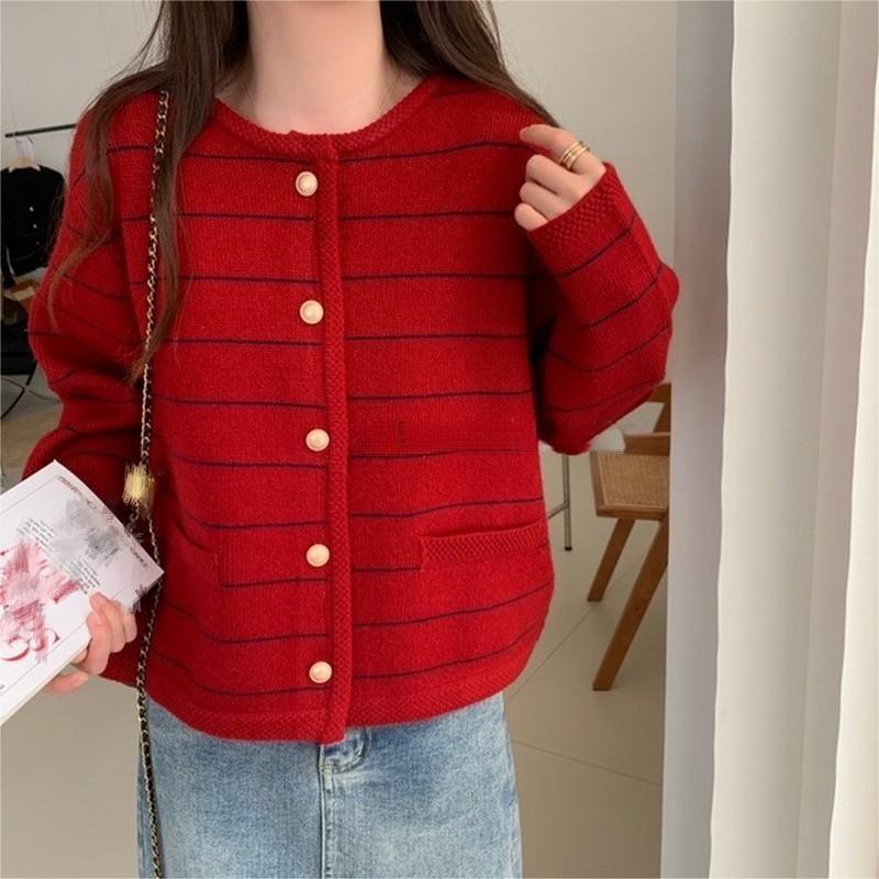 Damen gemütlicher Cardigan mit feinen Streifen und praktischen Taschen Drune