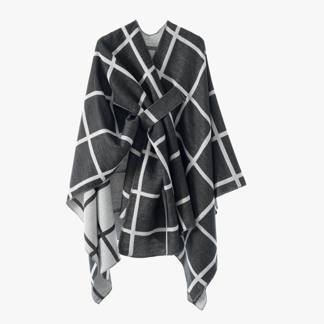 Damen Oversize Wollmix Poncho mit Gürtel und Karomuster Drune