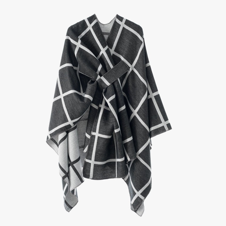 Damen Oversize Wollmix Poncho mit Gürtel und Karomuster Drune