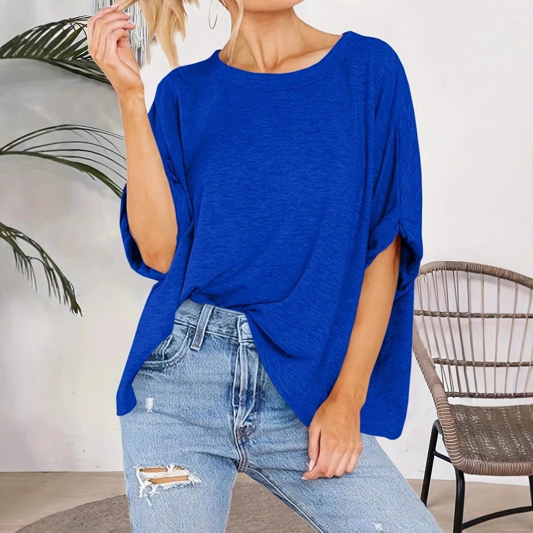 Damen Oversize-Longshirt mit weitem U-Boot-Ausschnitt und geknoteten Dreiviertelärmeln Drune