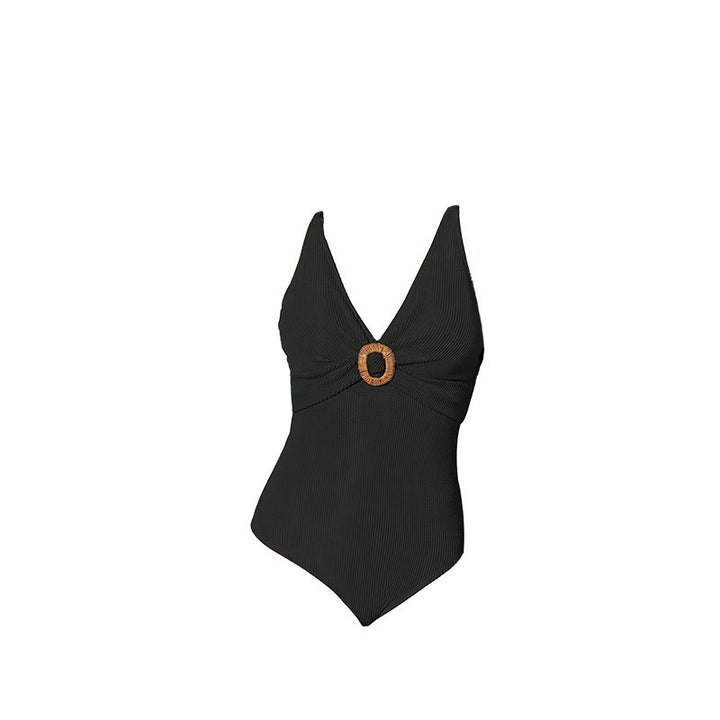 Damen Einteiler Badeanzug mit elegantem V-Ausschnitt und dekorativem Ring Drune