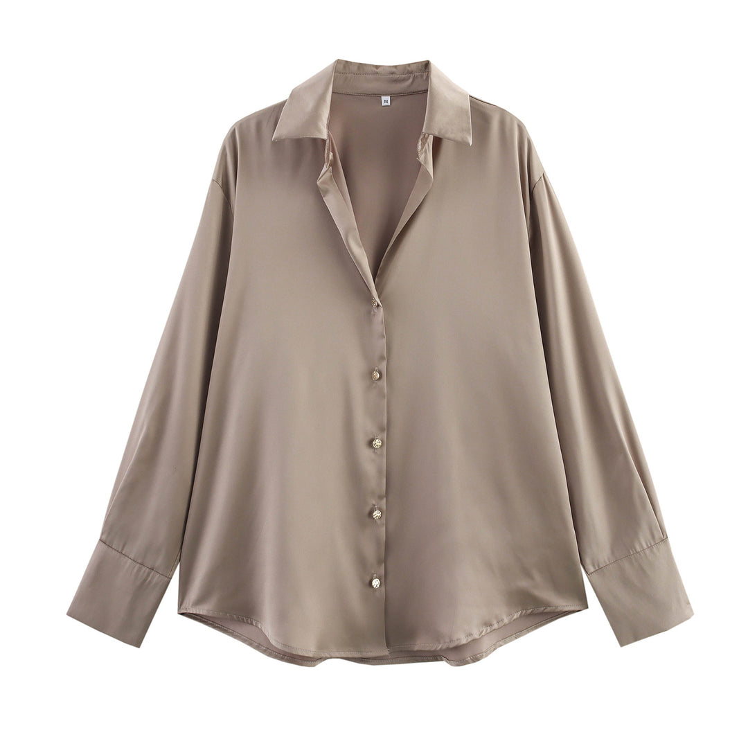 Damen nan oversized Satinbluse mit Hemdkragen, verlängerten Manschetten und abgerundetem Saum Drune