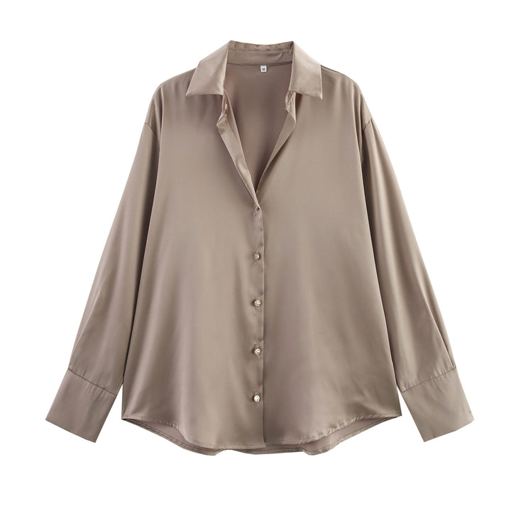 Damen nan oversized Satinbluse mit Hemdkragen, verlängerten Manschetten und abgerundetem Saum Drune