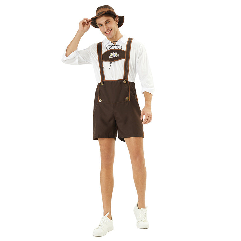 Herren nan Oktoberfest-Kurzlederhose mit verstellbaren Trägern, Zierknöpfen und besticktem Brustlatz Drune