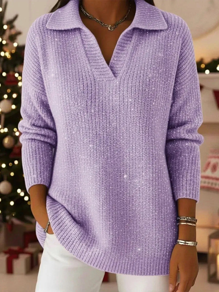 Damen Eleganter V-Pullover mit glänzenden Akzenten