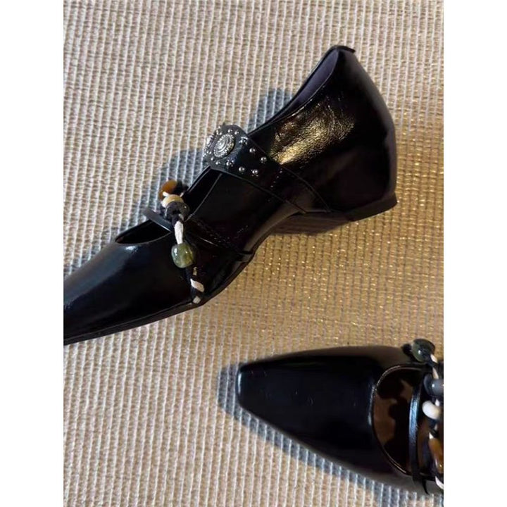 Damen elegante quadratische Mules mit niedrigem Blockabsatz, Zierriemen und Perlenapplikation Drune