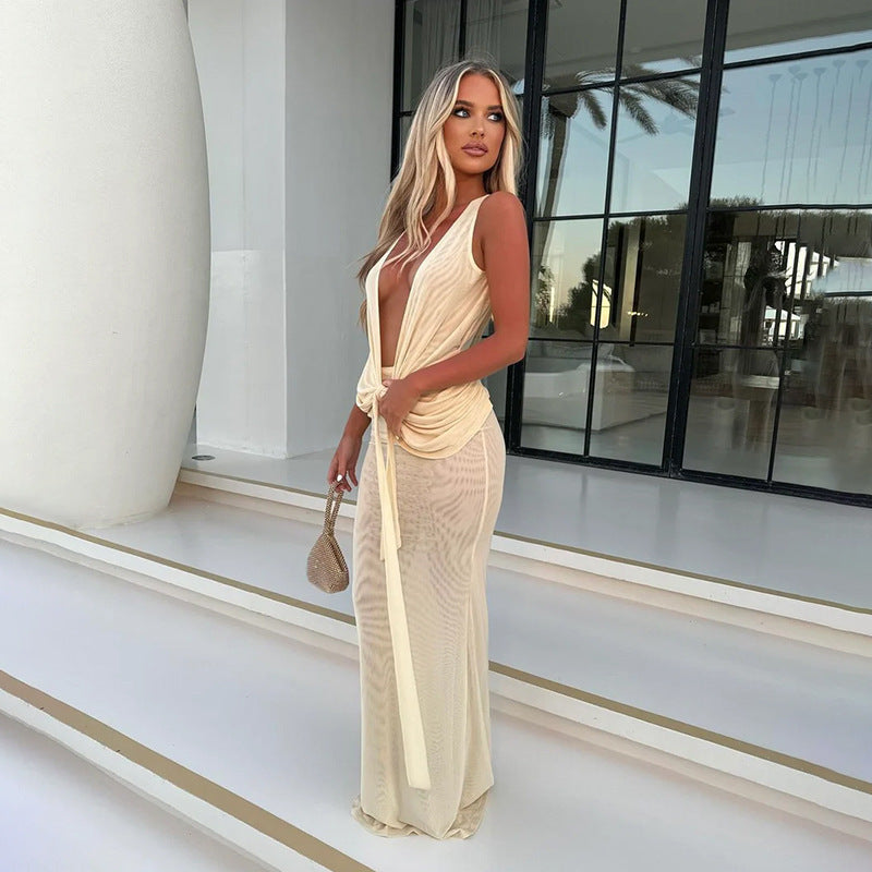 Damen elegantes Maxikleid mit tiefem V-Ausschnitt und verführerischen Wickeldetails Drune