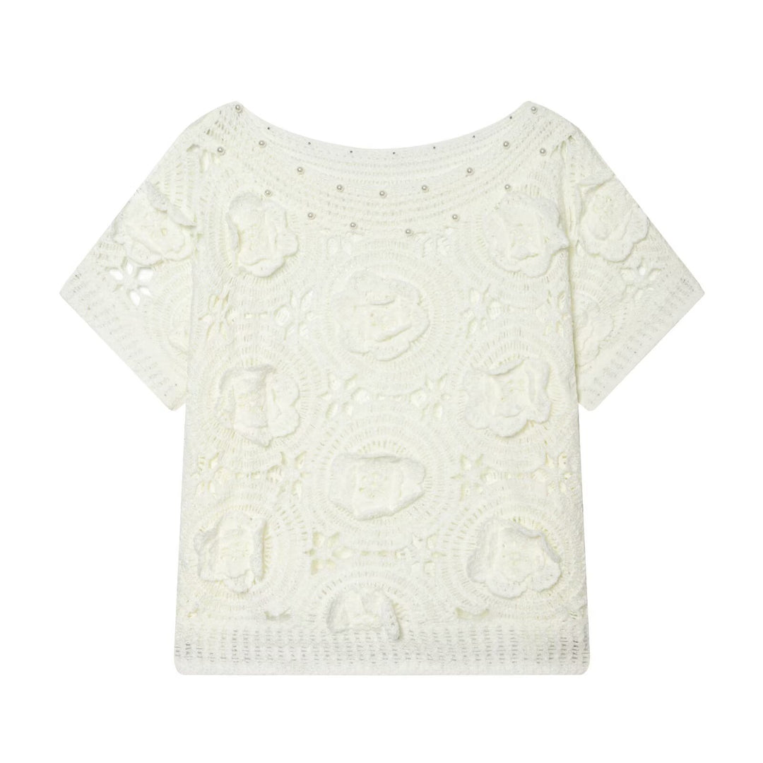 Damen Spitze T-Shirt mit luxuriöser Blumenstickerei und dekorativen Perlen Drune