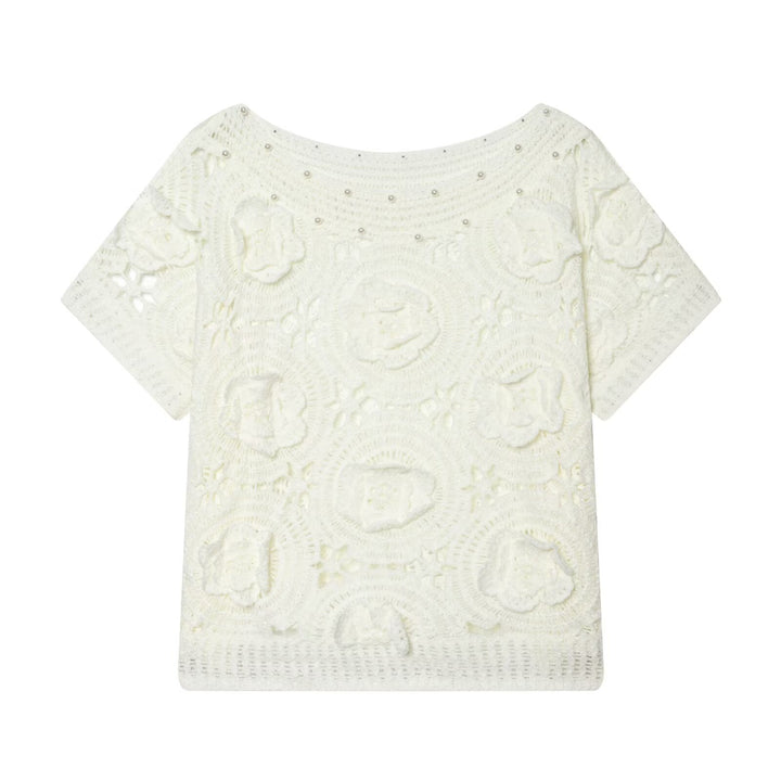 Damen Spitze T-Shirt mit luxuriöser Blumenstickerei und dekorativen Perlen Drune