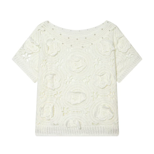 Damen Spitze T-Shirt mit luxuriöser Blumenstickerei und dekorativen Perlen Drune