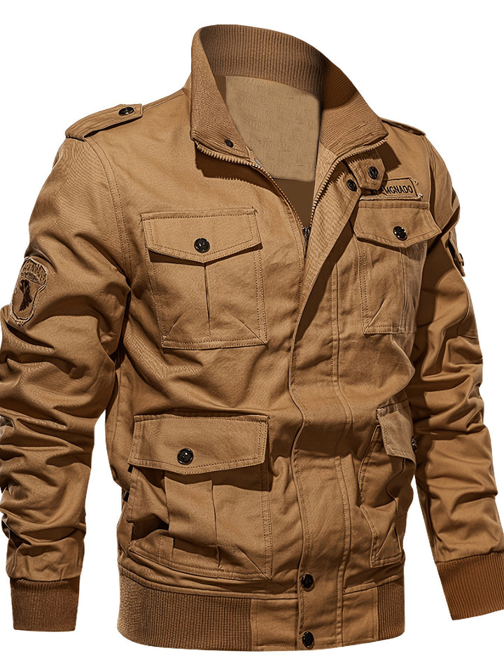 Herren Fieldjacke im Military-Stil mit Mehrfach-Taschen und Strickkragen Drune