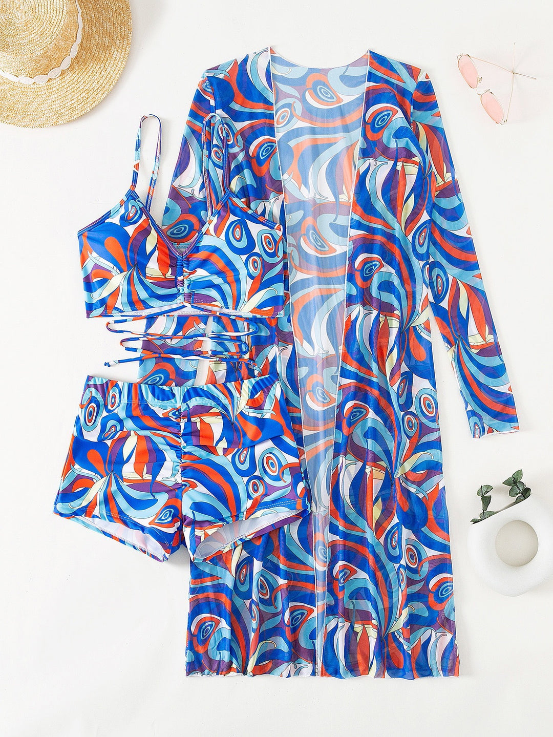 Damen Strandanzug mit leichtem Kimono und buntem Unterteil Drune