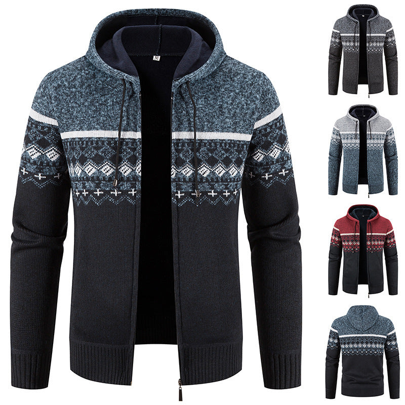 Herren nan gefütterte Strick-Zipjacke im Norwegerstil mit Kapuze und Thermofleece Drune