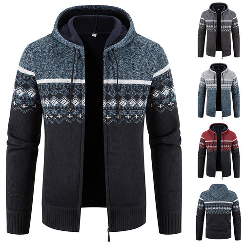 Herren nan gefütterte Strick-Zipjacke im Norwegerstil mit Kapuze und Thermofleece Drune
