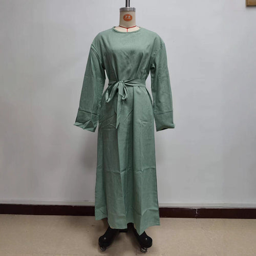 Damen Maxikleid aus Leinen-Mix mit Taillengürtel und weiten Manschellen Drune
