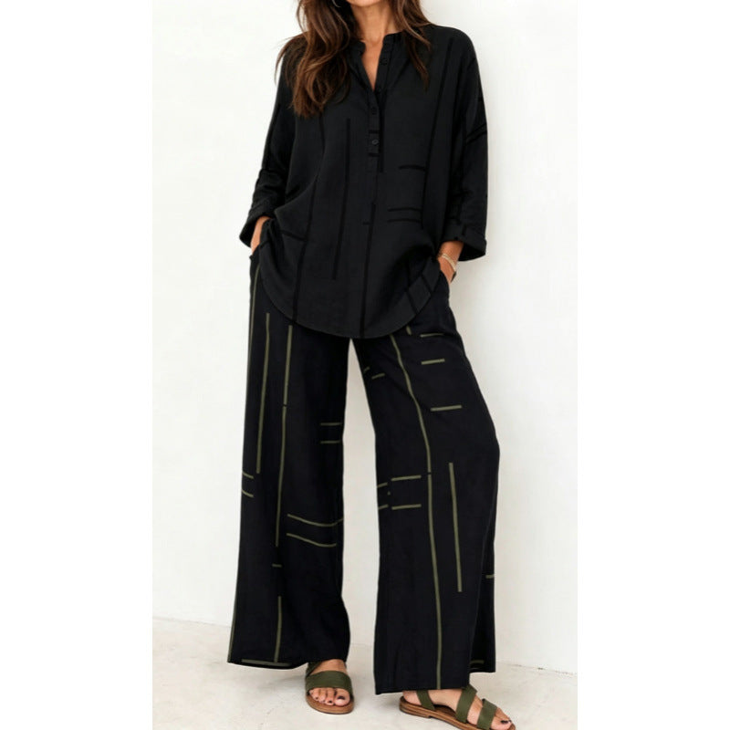Damen Oversize-Tunika und weite Palazzohose mit grafischem Streifenprint und Henley-Kragen Drune