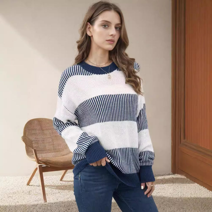Damen lässiger Strickpullover mit breiten Streifen und weitem Schnitt Drune
