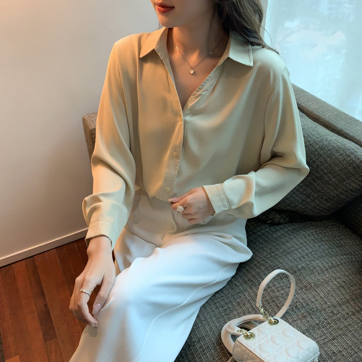 Damen elegante Bluse mit feinem Kragen und seitlichem Knopfverschluss Drune