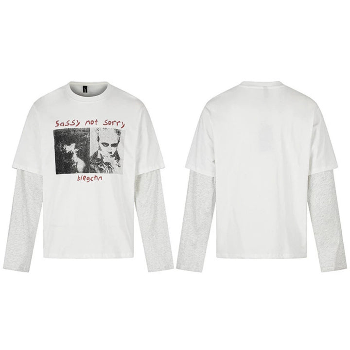 Damen Lagen-Langarmshirt im Layer-Look mit Fotoprint und Kontrastärmeln Drune