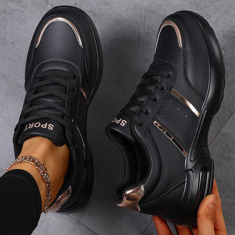 Damen Plateau‑Sneaker mit luftgepolsteter Dämpfung, Lederoptik & Metallic‑Akzenten Drune