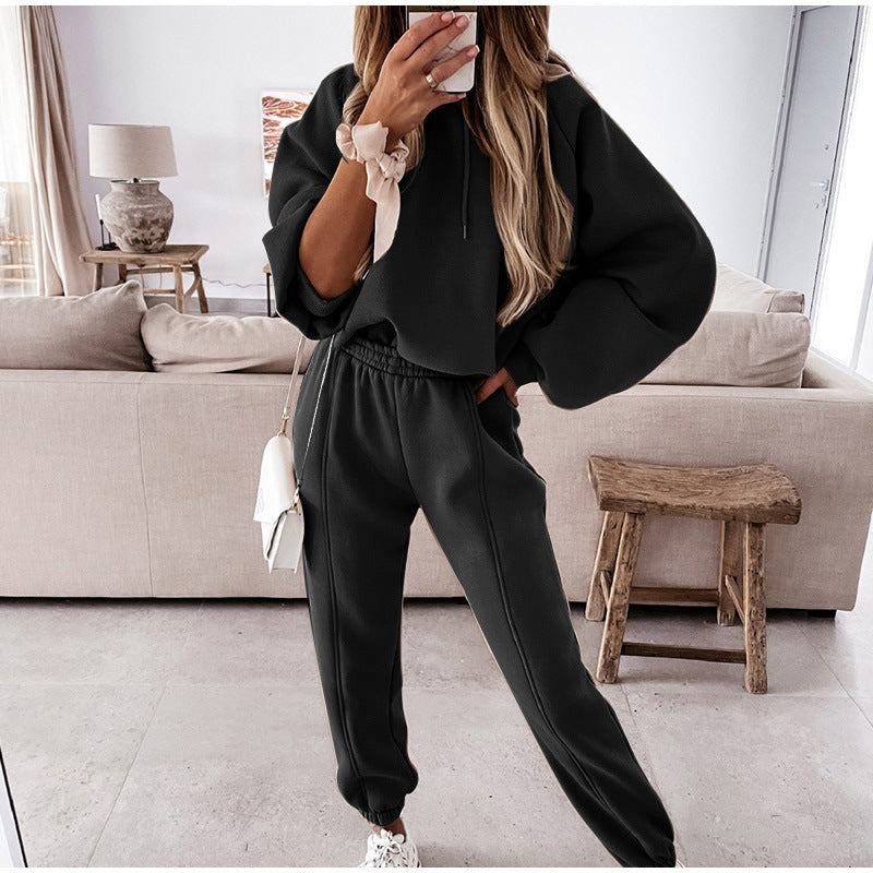 Damen kuscheliges Lounge-Zweiteiler-Set mit oversized Kapuzenpullover, Balloon-Ärmeln und taillierter Jogginghose Drune