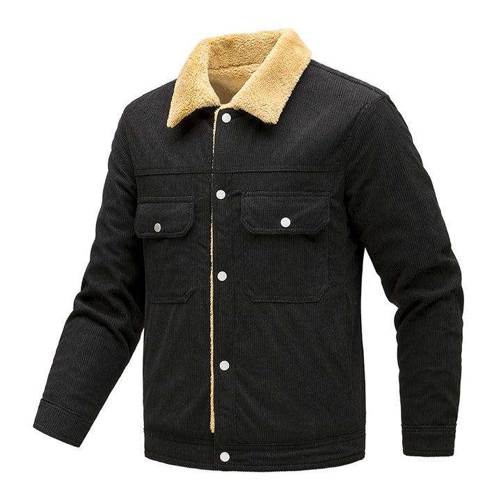 Herren Kordjacke mit Teddyfutter, Kunstfellkragen und Druckknopftaschen Drune