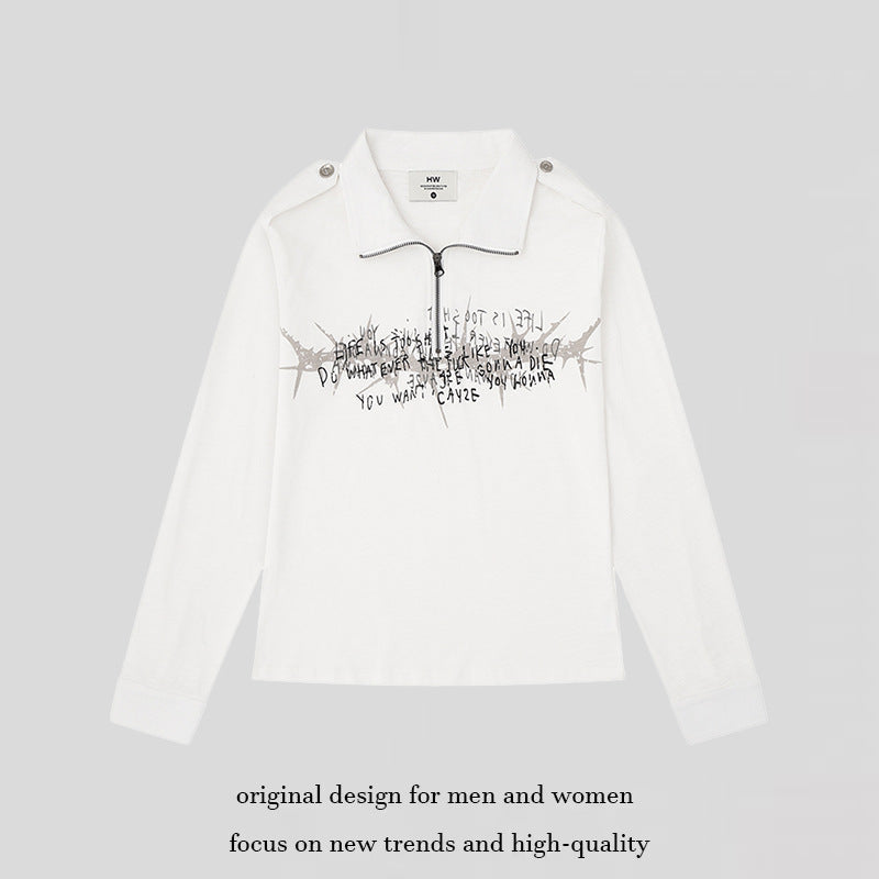 Damen Longsleeve-Poloshirt mit Kurzreißverschluss, Schulterpatten und Statement-Print Drune