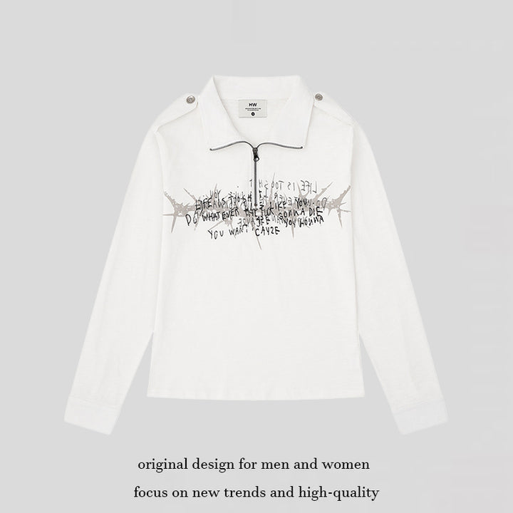 Damen Longsleeve-Poloshirt mit Kurzreißverschluss, Schulterpatten und Statement-Print Drune