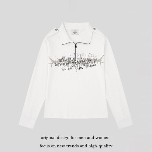 Damen Longsleeve-Poloshirt mit Kurzreißverschluss, Schulterpatten und Statement-Print Drune
