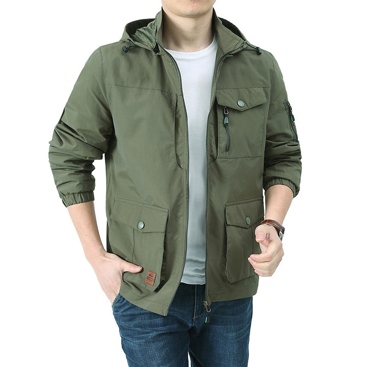 Herren  Kapuzen leichte Utility-Feldjacke mit Mehrfachtaschen, Reißverschluss und Druckknopfverschluss Drune