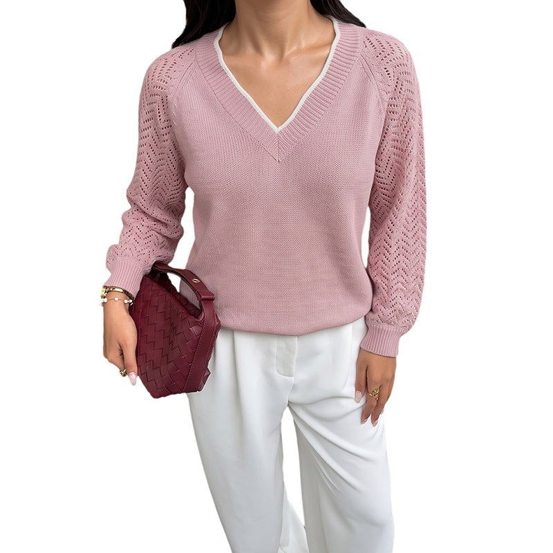 Damen V-Ausschnitt Strickpullover mit Jacquard-Muster Drune