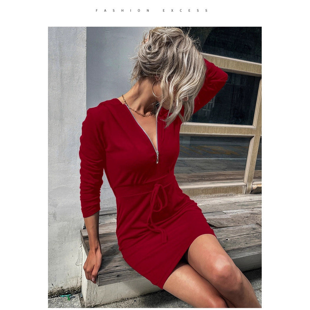 Damen sportliches Kleid mit Reißverschluss und regulierbarem Gürtel Drune