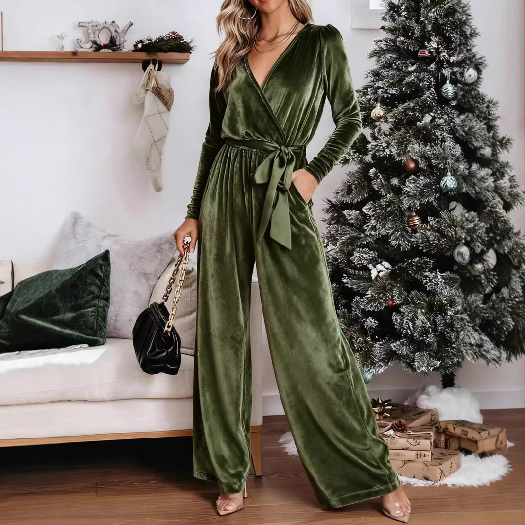 Damen Samt‑Jumpsuit mit Wickel‑V‑Ausschnitt, weitem Bein und Taillengürtel Drune